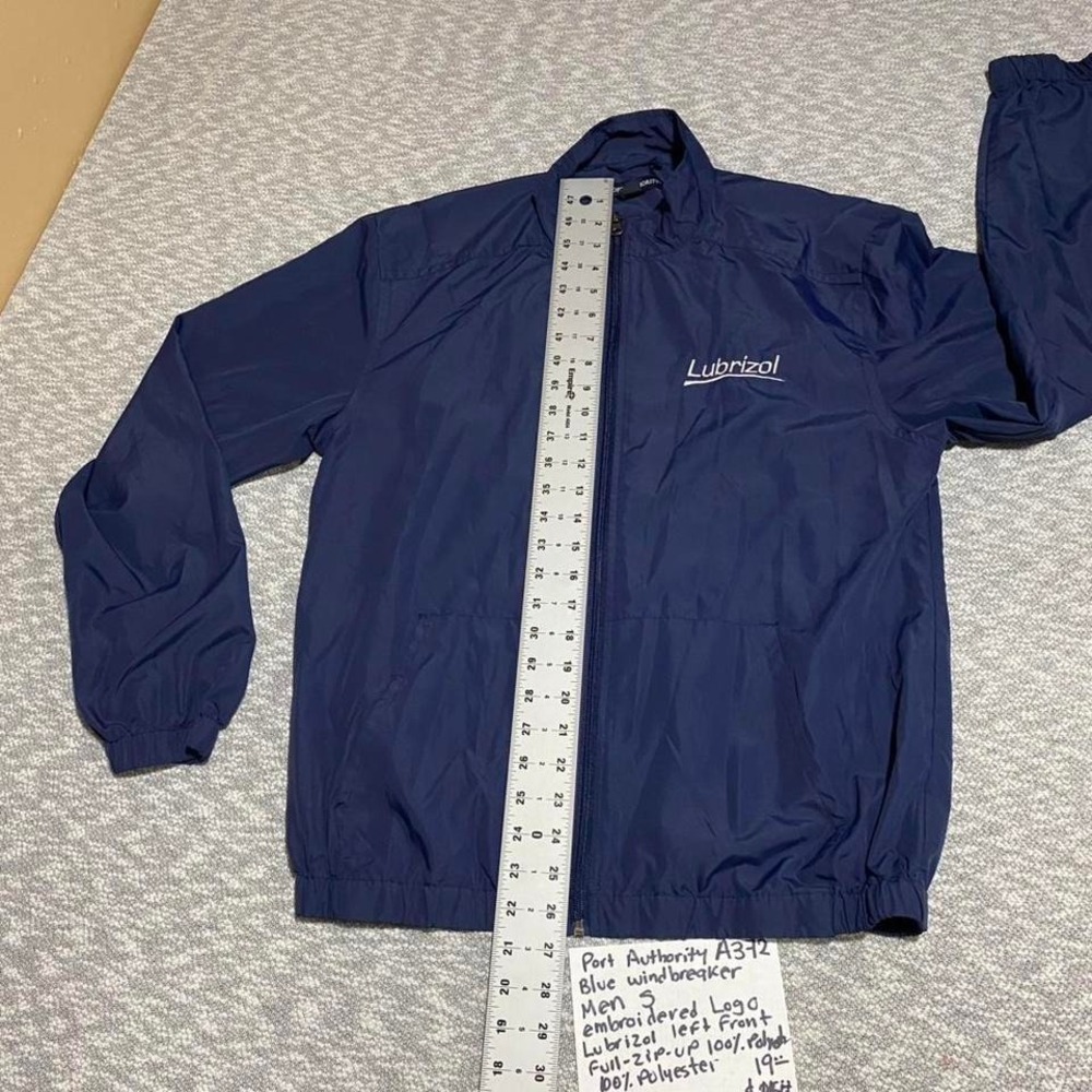 Port Authority blue windbreaker jacket/logo Lubrizol left front Size S. SKU-A372